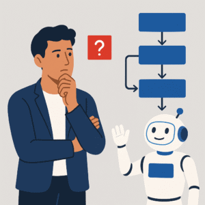 A flat-style illustration depicts a light-skinned woman in a red top sitting at a desk, deep in thought, symbolizing mindset shifts in business automation.