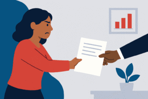 Flat-style illustration of a Latina woman in a red shirt reluctantly holding a document while a colleague in a navy suit pulls from the other side, symbolizing the struggle to delegate.