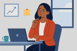 A flat-style illustration shows a professional woman standing at the edge of a symbolic cliff, representing the leap from employee to entrepreneur mindset.