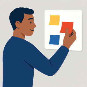 A flat-style digital illustration depicts a young man of color in a professional setting, standing near a desk with notes and a calendar. He looks thoughtful and determined, symbolizing the mindset shift from employee to entrepreneur. Clean editorial layout with open space and muted background elements.