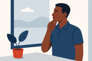 Flat-style illustration of a young woman sitting at a desk, gazing thoughtfully out a window, symbolizing the shift from employee routine to entrepreneurial vision.