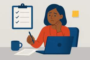 Flat-style illustration of a young woman reviewing a checklist or workflow, symbolizing the mindset shift from employee to entrepreneur.