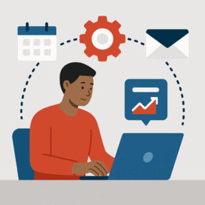 Flat-style digital illustration of a young Black woman confidently working on automation tools at her desk, symbolizing simple automation wins for small businesses.