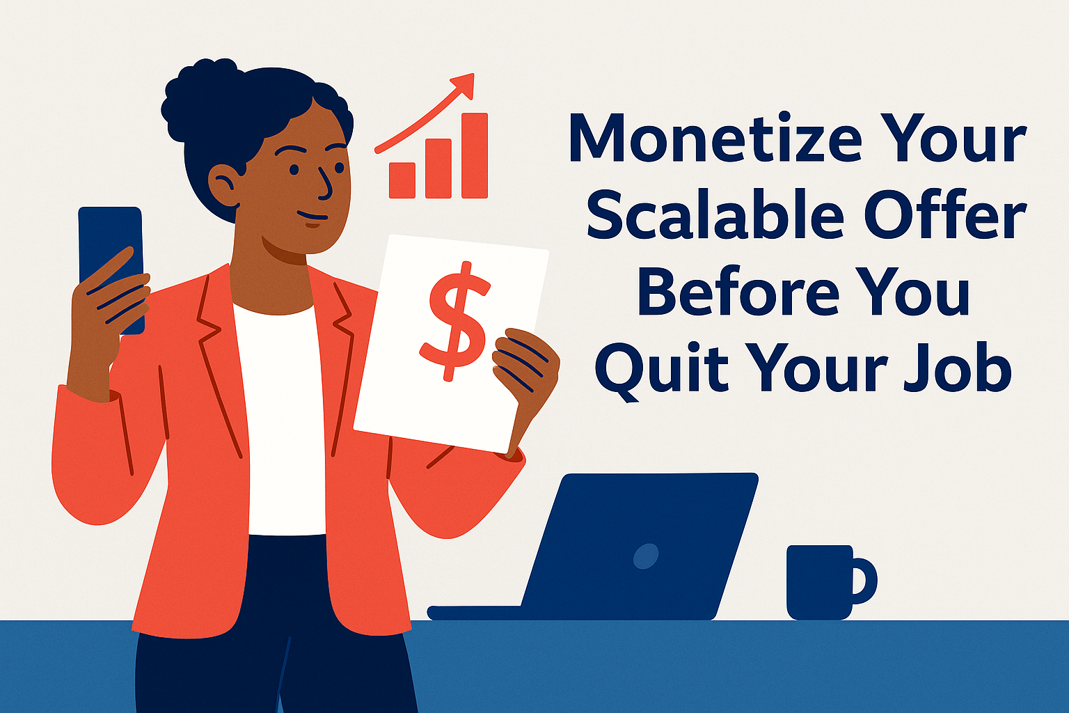 Flat-style illustration of a Black woman holding financial documents, standing near a laptop and funnel graphic, with the blog title “Monetize Your Scalable Offer Before You Quit Your Job” displayed clearly.