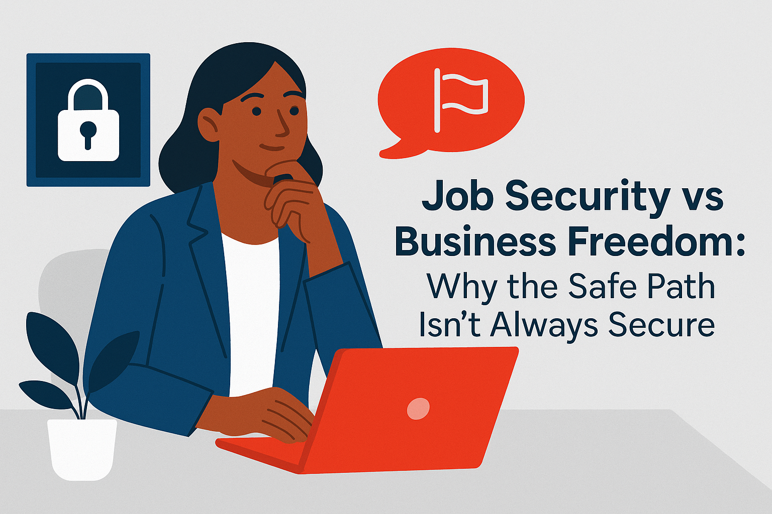 Flat-style illustration of a confident Black woman in business attire weighing job security versus business freedom with symbolic visuals like a briefcase and beach scene