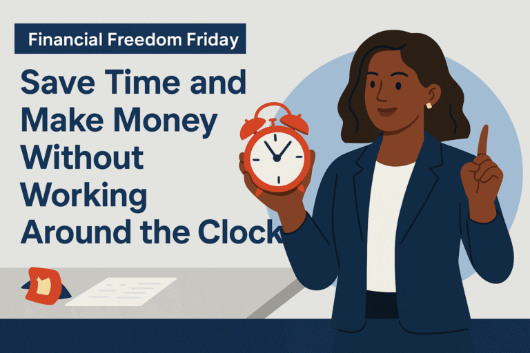 Flat-style illustration of a confident businesswoman working at her desk with a calm, focused expression, representing the concept of saving time and making money without overworking. Clean background with professional tones.