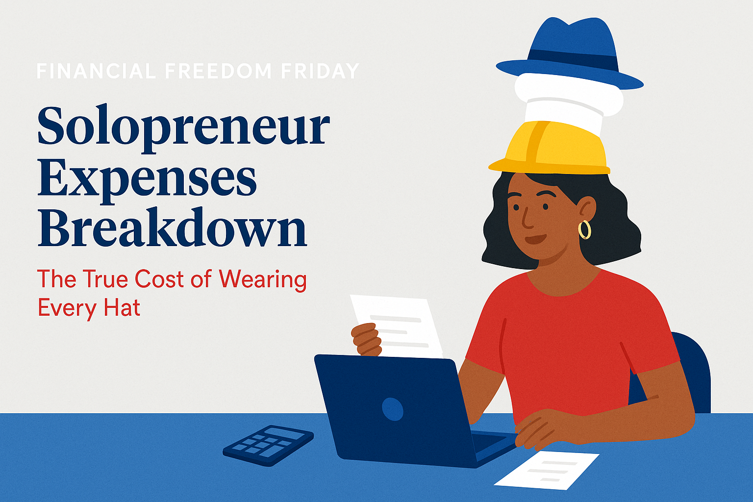 Flat-style illustration of a confident African American woman working at her desk with a laptop and calculator, wearing multiple hats stacked on her head, alongside the blog title “Solopreneur Expenses Breakdown: The True Cost of Wearing Every Hat.”