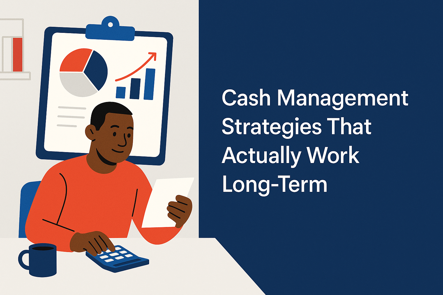 Flat-style digital illustration of a confident woman managing business finances with charts and systems, designed in a clean editorial style for a blog post.