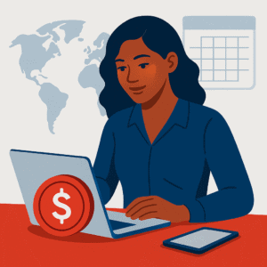 A flat-style digital illustration features a young Black woman holding a piggy bank while reviewing business paperwork at a desk