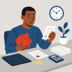 Flat-style illustration of a young Black woman budgeting, symbolizing money-smart habits for side-builders