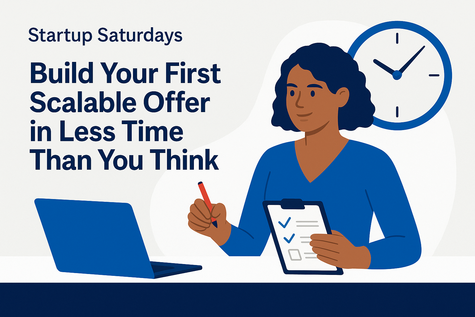 Flat-style digital illustration of a confident woman mapping out a scalable offer on a whiteboard for her startup.