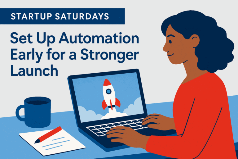 Flat-style editorial illustration for a blog titled Set Up Automation Early for a Stronger Launch. The image features a confident woman representing business startup services, using a tablet while launching a project. Clean design with ample spacing, minimal background clutter, and brand color palette integration.