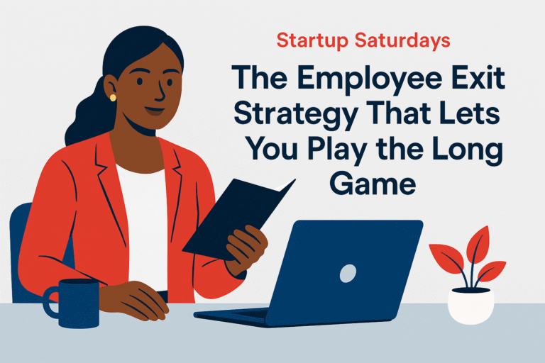 Illustration of a confident woman with documents and laptop, symbolizing a startup exit strategy