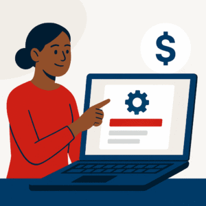 Flat-style illustration of a woman designing a scalable offer on a laptop.