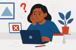 Flat-style illustration of a young African woman thoughtfully reviewing her MVP business idea on a notepad, with design elements in navy, blue, and red tones.