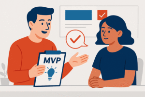 Flat-style illustration of a glowing lightbulb surrounded by simple business icons, symbolizing idea validation for startups.