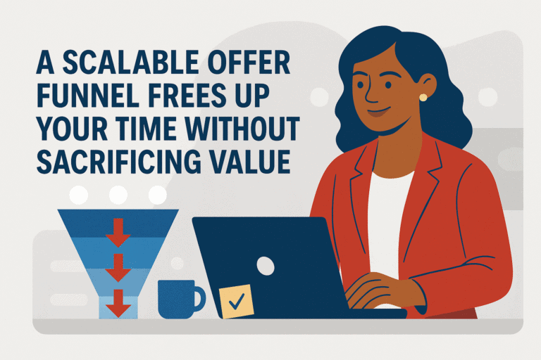 Flat-style illustration of a confident Black woman in a red blazer working on a laptop, with a funnel and arrows in the background and bold blog title text—representing the power of scalable offer funnels.