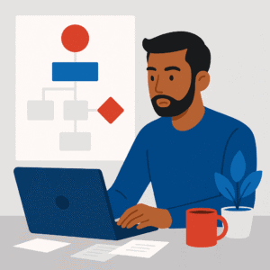 A flat-style digital illustration depicts a young Black woman thoughtfully planning tasks on a large wall chart.