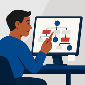 Flat-style illustration of a woman mapping out a business process on a board, representing workflow clarity and founder-level thinking.