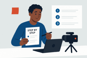 Flat-style illustration of an African American man at a desk with a laptop and camera, holding a paper labeled “Step by Step” while recording a tutorial, symbolizing documenting tasks for delegation.
