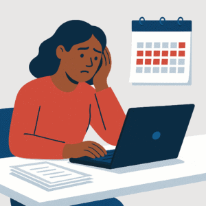 Flat-style illustration of an African American woman in a red shirt sitting at a desk with a laptop, looking stressed while a calendar hangs on the wall behind her.