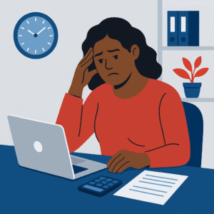 Flat-style illustration of an African American woman in a red shirt sitting at a desk with a laptop and calculator, holding her head with concern, symbolizing the hidden cost of solo work.