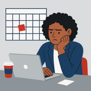 Flat-style illustration of a young Black woman seated at a cluttered desk with papers, sticky notes, and a tablet—symbolizing overwhelm and task overload in execution mode.