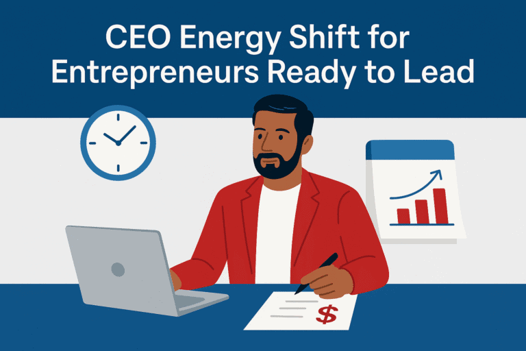 Flat-style illustration of a confident South Asian entrepreneur in a red suit working at a laptop with a chart and clock in the background, with the title “CEO Energy Shift for Entrepreneurs Ready to Lead” displayed.