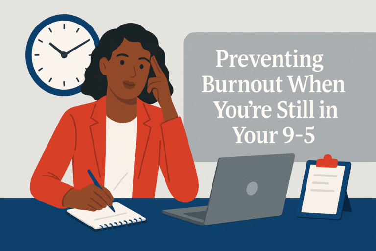 Flat-style illustration of an African American woman in a red blazer sitting at a desk with a laptop, notepad, and clock in the background, with the blog title “Preventing Burnout When You’re Still in Your 9–5.”