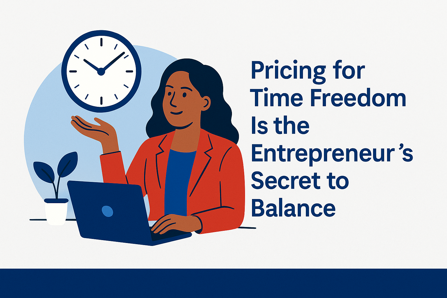 Flat-style illustration of a confident woman in a red blazer sitting at a desk with a laptop, balancing a large clock in one hand, alongside the blog title “Pricing for Time Freedom Is the Entrepreneur’s Secret to Balance.”