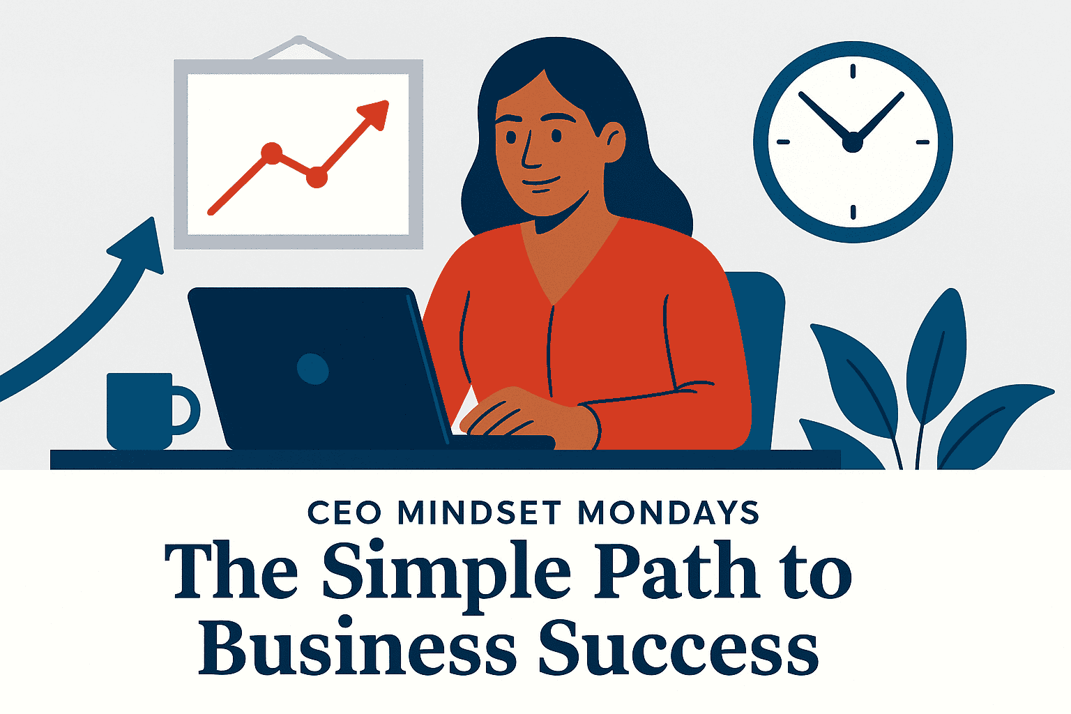 Flat-style illustration of a confident woman entrepreneur working on a laptop at a desk with growth charts and a clock in the background, with the blog title “The Simple Path to Business Success Comes from.”