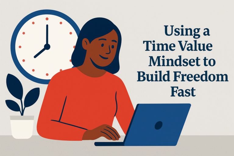 Flat-style illustration of a confident African American woman entrepreneur in a red sweater working on a laptop at a desk, with a clock in the background and the blog title “Using a Time Value Mindset to Build Freedom Fast.”