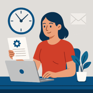 Flat-style illustration of a Caucasian woman with dark blue hair in a red shirt working on a laptop, holding a document with a gear icon, with a clock and email icon in the background, symbolizing building capacity with systems instead of hustle.