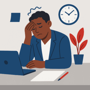 Flat-style illustration of an African American man in a navy blazer sitting at a desk with a laptop, holding his head in exhaustion, with a clock and plant in the background, symbolizing quiet signs of burnout while working a 9–5.
