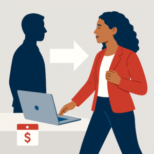 Flat-style illustration of a woman entrepreneur walking confidently toward a bold white arrow symbolizing growth, leaving behind a navy silhouette of her past employee self, with a laptop and calendar nearby.