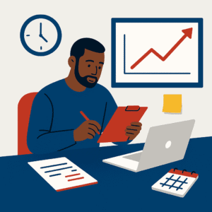 Flat-style illustration of a Black entrepreneur writing on a clipboard at a desk with a laptop, calendar, sticky note, and growth chart in the background.