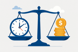 Flat-style illustration of a balancing scale with a blue clock on one side and a stack of gold coins on the other, symbolizing the trade-off between time and money in entrepreneurship.