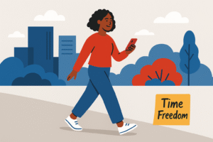 Flat-style illustration of a young African American woman walking confidently through an urban park with her phone in hand, with a yellow sticky note on the ground reading “Time Freedom,” symbolizing the cost of waiting versus moving forward.