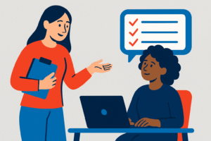 Flat-style illustration of a Caucasian woman standing with a clipboard, gesturing toward an African American woman seated at a desk with a laptop, symbolizing delegation and teamwork to prevent burnout.