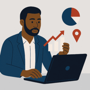Flat-style illustration of an African American man in a navy blazer working on a laptop with a rising bar chart and pie chart, symbolizing high-leverage tasks that drive business growth.