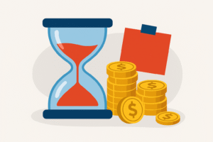 Flat-style illustration of an hourglass with red sand flowing into stacks of gold coins at the bottom, symbolizing how time converts into money and the importance of pricing for time freedom.