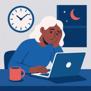 Flat-style illustration of a tired woman with white hair working late at her laptop, with a red coffee mug, a wall clock showing 11:50, and a night sky with stars and a crescent moon in the window.