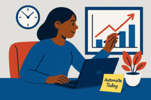 Flat-style illustration of a woman entrepreneur with medium skin tone at a desk, writing on paper with a laptop open beside her, and gears with a clock in the background, symbolizing leverage through documenting processes and automation.