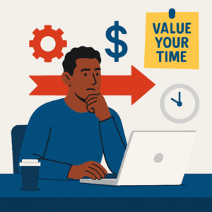 Flat-style illustration of a thoughtful man in a blue shirt at a desk with a laptop, surrounded by icons of a clock, dollar sign, and gear, with a red arrow pointing forward and a sticky note reading “Value Your Time,” symbolizing opportunity cost.