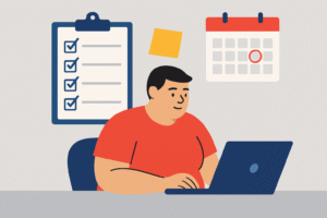 Flat-style illustration of a plus-size entrepreneur working on a laptop at a desk with a checklist, calendar, and sticky note in the background, symbolizing readiness and planning.