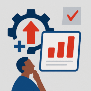 Flat-style illustration of a business professional reflecting on growth, with a large gear, upward arrow, and a bar chart symbolizing scaling smart and multiplying what works.