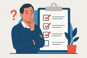 Flat-style illustration of a middle-aged man thoughtfully examining a large checklist on a clipboard, with several boxes checked and a red question mark nearby, symbolizing clarity through simplicity.