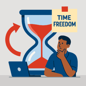 Flat-style illustration of an hourglass with red sand, a laptop on the desk, and a professional man in blue thoughtfully considering, with a sticky note labeled “Time Freedom,” symbolizing true freedom as choice, not just time off.