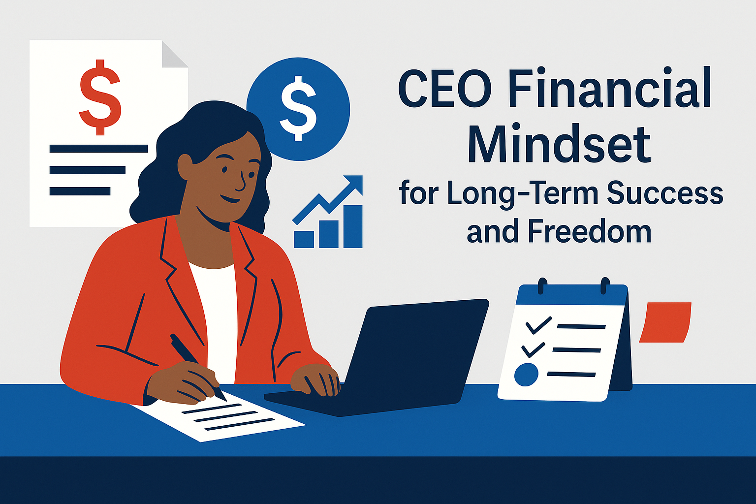 Flat-style illustration of a confident African American woman in a red blazer working on financial documents at a desk with symbols of money, charts, and the blog title “CEO Financial Mindset for Long-Term Success and Freedom.”