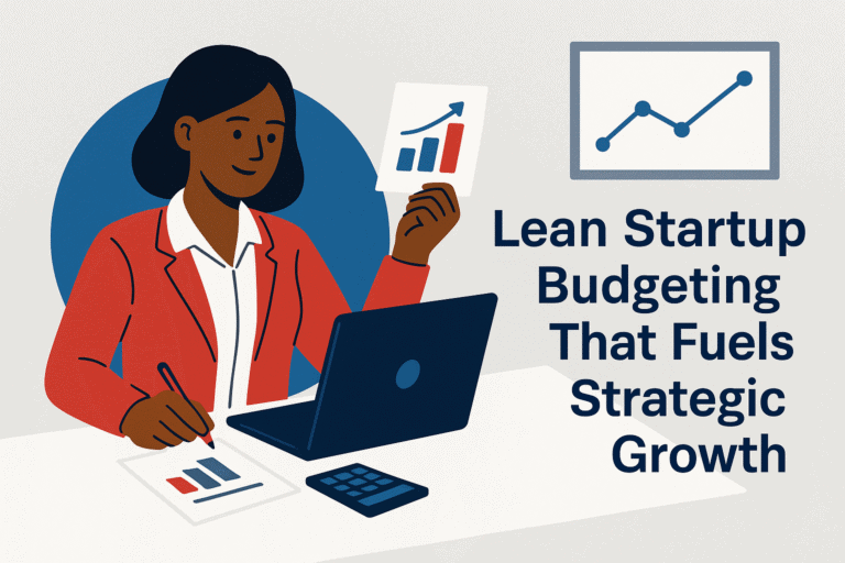 Flat-style illustration of a confident African American woman in a red blazer working at a desk with a laptop, calculator, and charts, with the blog title “Lean Startup Budgeting That Fuels Strategic Growth.”